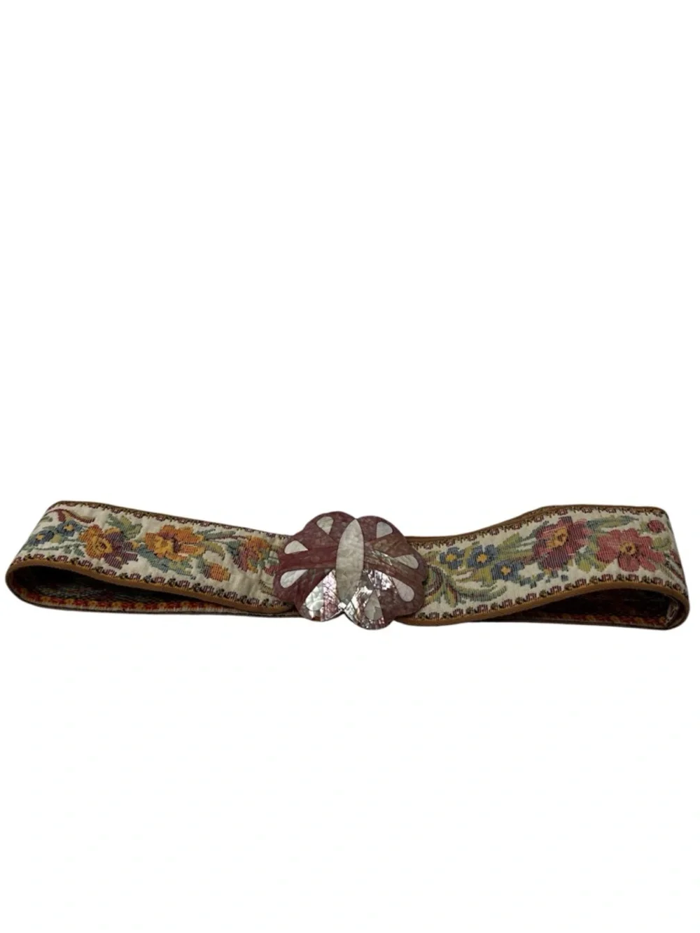 Vintage Tapestry Belt Mosaic Shell Buckle Floral Maroon Cream Grandmacore Boho